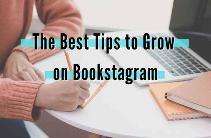 Woman in an orange sweater sitting with a laptop taking notes with a sign that says the best tips to grow on Bookstagram.