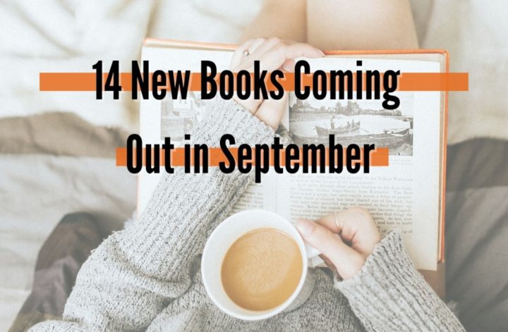 Woman reading a new book in fall and holding a cup of coffee, with a list that says new books coming out in September, in Palo Alto, California.