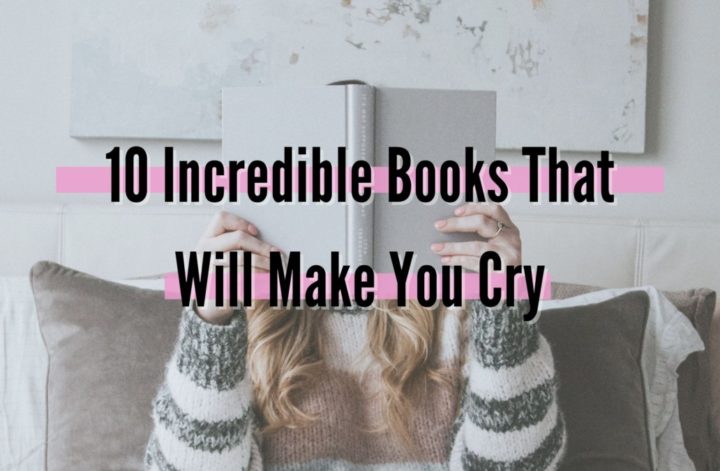 Woman in a gray sweater and blonde hair holding a book that says books that will make you cry in Palo Alto, California.