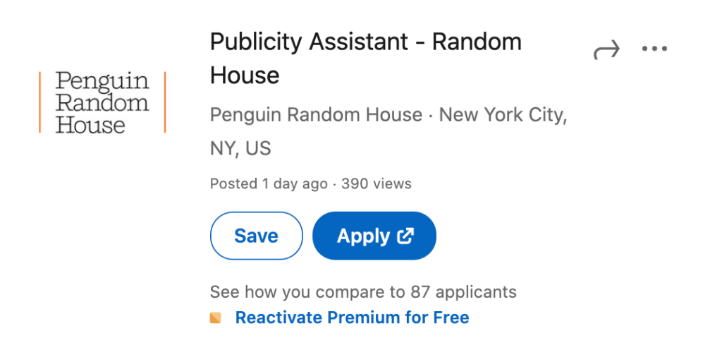 LinkedIn job listing for Publicity Assistant at Random House, a publishing job recommended for those who want to learn how to work in publishing.