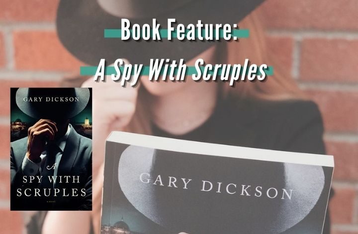 Blonde book blogger wearing a fedora hat and posing like a spy for a book feature thriller book A Spy With Scruples by Gary Dickson