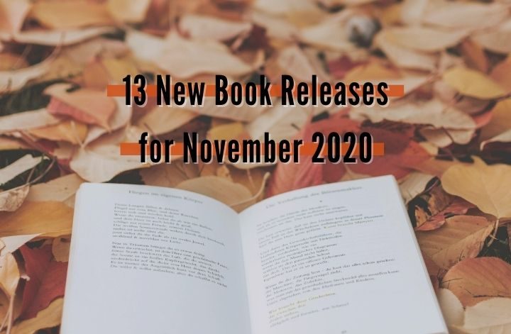 Fall and autumn leaves with an open novel next to text that says 13 new Noember 2020 book releases.
