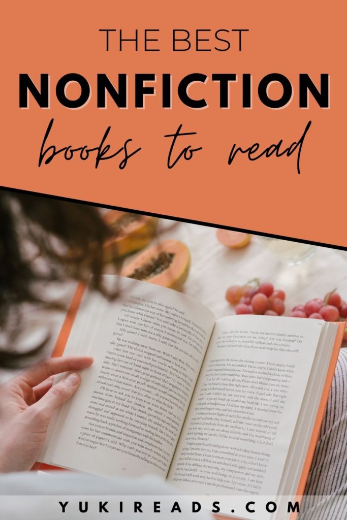 Woman reading a memoir with the Pinterest text the best nonfiction books you need to read surrounded by fruit and reading snacks.