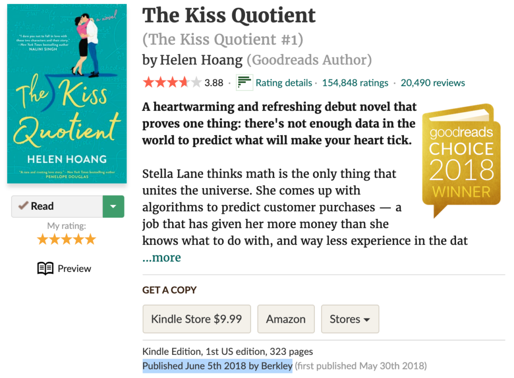 The Goodreads book page for The Kiss Quotient by Helen Hoang, a book by Berkley Publishing, an imprint of Penguin Random House.