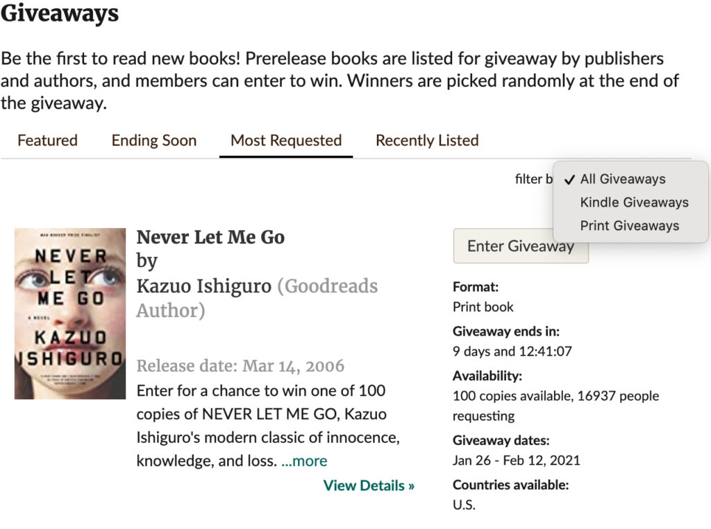 The giveaway page on Goodreads, a free book website that allows you to win ARCs from publishers.