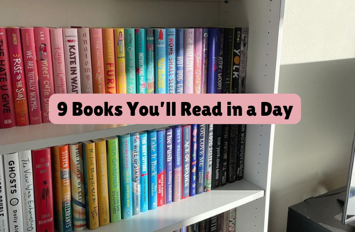 Color-coded bookshelf with text that says 9 Books you'll read in a day.